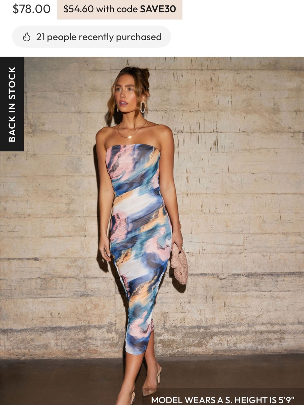 Vici Strapless Marble-Print Midi Dress in Blue, Pink & Cream